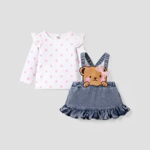 2pcs Baby Girl 100% Cotton Bear Pattern Ruffle Hem Denim Overall Dress and Polka Dots Rib Knit Top Set #204371