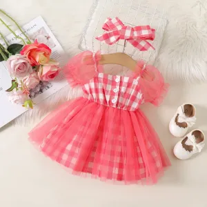 2pcs Baby Girl 100% Cotton Plaid Button Design Mesh Splice Short-sleeve Fairy Dress and Headband Set #874720
