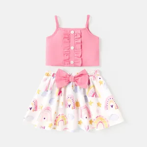 2pcs Baby Girl 100% Cotton Ruffle Trim Cami Top and Allover Print Bow Front Skirt Set