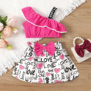 2pcs Baby Girl 100% Cotton Ruffled One-Shoulder Cami Top and Bow Front Letter Heart Print Skirt Set #1041854