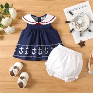 2pcs Baby Girl 100% Cotton Ruffled Shorts and Contrast Peter Pan Collar Tank Dress Set #892168