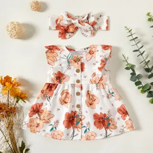 2pcs Baby Girl 100% Cotton Solid/Floral-print Sleeveless Ruffle Button Up Dress with Headband Set #190725