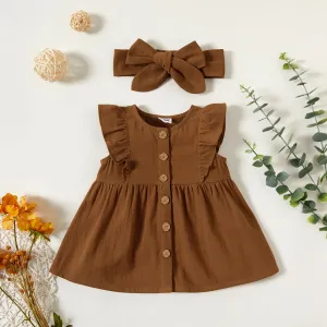 2pcs Baby Girl 100% Cotton Solid/Floral-print Sleeveless Ruffle Button Up Dress with Headband Set #190730