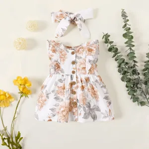 2pcs Baby Girl 100% Cotton Solid/Floral-print Sleeveless Ruffle Button Up Dress with Headband Set #190734