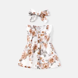2pcs Baby Girl 100% Cotton Solid or Allover Floral Print Flutter-sleeve Dress with Headband Set
