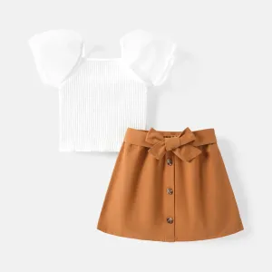 2pcs Baby Girl 100% Cotton Solid Skirt and Puff-sleeve Ribbed Top Set #780532
