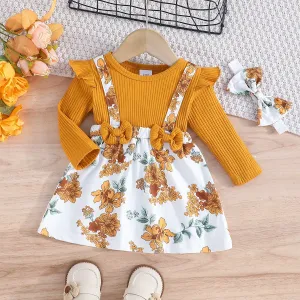 2pcs Baby Girl 95% Cotton Floral Print Ribbed Panel Long-sleeve 2 In 1 Dress with Headband