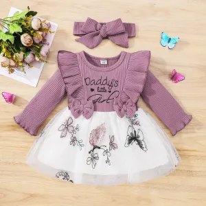 2pcs Baby Girl 95% Cotton Long-sleeve Rib Knit Ruffle Trim Bowknot Spliced Butterfly Embroidered Mesh Dress with Headband Set #830185