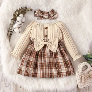 2pcs Baby Girl 95% Cotton Rib Knit Bow Front Long-sleeve Spliced Plaid Dress with Headband Set #927046