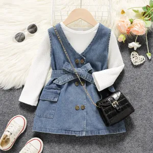 2pcs Baby Girl 95% Cotton Rib Knit Long-sleeve Romper and Double Breasted Belted Denim Tank Dress Set #201680