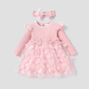2pcs Baby Girl 95% Cotton Ribbed Long-sleeve Splicing 3D Butterfly Appliques Mesh Fairy Dress with Headband Set #196215