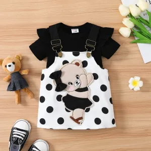 2pcs Baby Girl 95% Cotton Ruffle Trim Short-sleeve Romper and Bear Graphic Polka Dots Overall Dress Set #793400