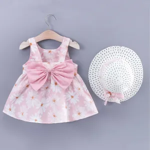 Little Daisy 2pc Dress Set for Baby Girls - Soft Lightweight  Cotton-Linen Fabric, Back Bowknot Design #201626