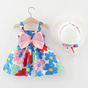 2pcs Baby Girl Allover Big Floral Print Bow Front Cami Dress with Bow Decor Hat #1036601
