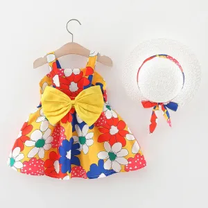 2pcs Baby Girl Allover Big Floral Print Bow Front Cami Dress with Bow Decor Hat #1036609