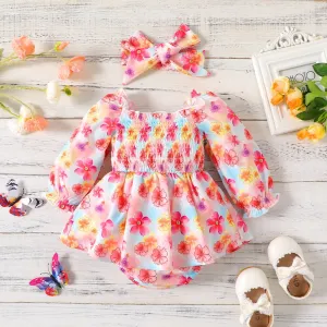 2pcs Baby Girl Allover Colorful Floral Print Long-sleeve Shirred Romper Dress & Headband Set #879764