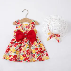 2pcs Baby Girl Allover Floral Print Bow Decor Strappy Dress and Hat Set #1043511
