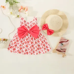 2pcs Baby Girl Allover Floral Print Bow Decor Strappy Dress and Straw Hat Set #1044100