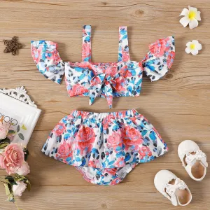 2pcs Baby Girl Allover Floral Print Knot Front Cold Shoulder Short-sleeve Crop Top & Skirt Set #871336