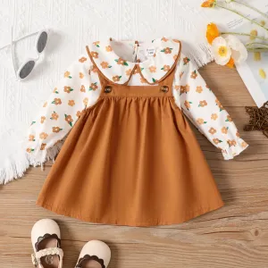 2pcs Baby Girl Allover Floral Print Ruffle Doll Collar Long-sleeve Top and 100% Cotton Solid Strappy Skirt Set #1055944