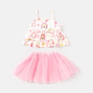 2pcs Baby Girl Allover Rainbow Print Layered Ruffled Cami Top and Mesh Tutu Skirt Set #871294