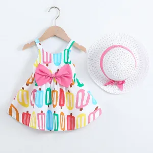 2pcs Baby Girl Bow Decor Allover Print Slip Dress and Hat Set #1042735