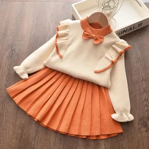 2pcs Baby Girl Bow Front Ruffle Trim Long-sleeve Knitted Sweater and Pleated Skirt Set #1026202