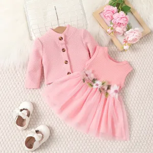 2pcs Baby Girl Buttons Front Long-sleeve Textured Jacket and Floral Decor Mesh Panel Tank Dress Set #1046370