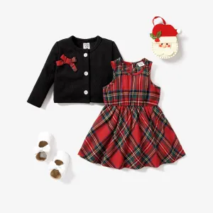 2PCS Baby Girl Classic Button Feature Grid/Houndstooth Long Sleeve Dress Set #1094717