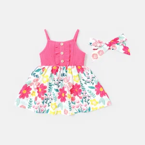 2pcs Baby Girl Cotton Ribbed Spliced Floral Print Cami Dress & Headband Set