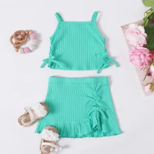 2pcs Baby Girl Drawstring Ruched Side Rib-knit Cami Top and Ruffled Skirt Set #1041544