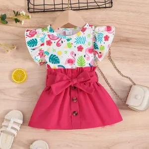 2pcs Baby Girl Flamingo Plant Print Flutter-sleeve Top and Belted Skirt Set #1045676
