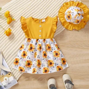 2pcs Baby Girl Floral Panel Flutter-sleeve Dress with Hat #1045955