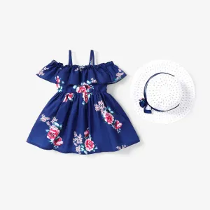 2pcs Baby Girl Floral Print Blue Sleeveless Spaghetti Strap Ruffle Dress with Hat Set #784006