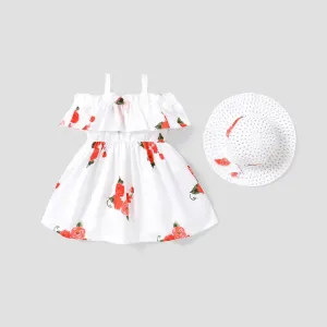 2pcs Baby Girl Floral Print Blue Sleeveless Spaghetti Strap Ruffle Dress with Hat Set #784104
