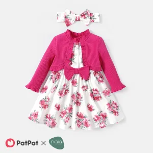 2pcs Baby Girl Floral Print Spliced Solid Ribbed Long-sleeve Faux-two Naiaâ¢ Dress with Headband Set