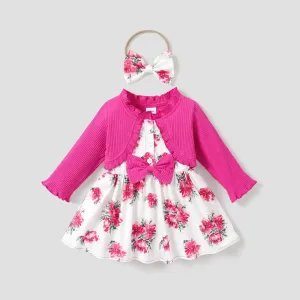 2pcs Baby Girl Frill Ribbed Splicing Floral Print Faux-two Long-sleeve Dress with Headband Set #783954
