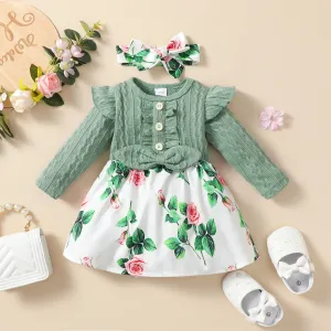 2pcs Baby Girl Green Cable Knit Ruffle Long-sleeve Spliced Floral Print Dress with Headband Set #832818