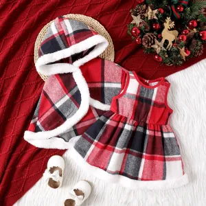 2PCS Baby Girl Grid/Houndstooth Pattern Christmas Sweet Hooded Suit Dress/Cloak #1161852