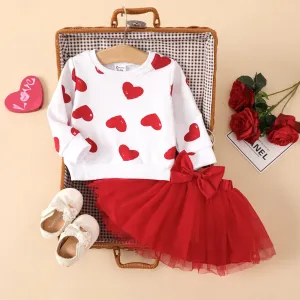 2pcs Baby Girl Heart Pattern Long-sleeve Sweatshirt and Mesh Bow Decor Solid Skirt Set #1053903