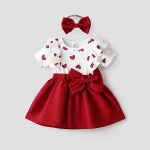 2pcs Baby Girl Heart Print Ruffled Faux-two Bowknot Dress & Headband Set #856382