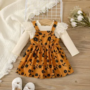 2pcs Baby Girl Lace Trim Long-sleeve Rib-knit Top and Floral Print Cami Dress Set #1047703