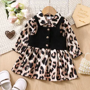2pcs Baby Girl Leopard Print Long-sleeve Button Dress & Vest Set #232941