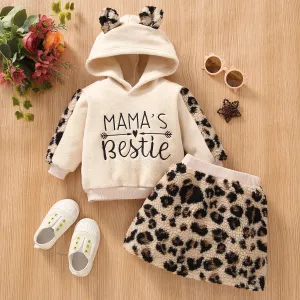 2pcs Baby Girl Letter Embroidered Beige Thickened Polar Fleece Long-sleeve Hoodie and Leopard Mini Skirt Set #814790