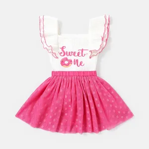 2pcs Baby Girl Letter Print Ruffle-sleeve Rib-knit Bodysuit and Polka Dots Mesh Skirt Set