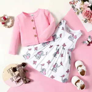 2pcs Baby Girl Pink Long-sleeve Cardigan with Cartoon Elephant and Butterfly Print Sleeveless Dress Set #195807