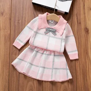 2pcs Baby Girl Plaid Bow Tie Lapel Collar Long-sleeve Top and Skirt Set #1057924