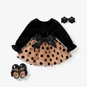 2pcs Baby Girl Polka Dot Multi-layered  Velvet material Dress With Belt #1197109