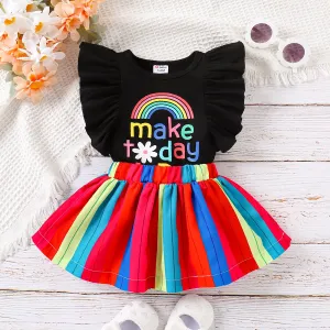 2pcs Baby Girl Rainbow Letter Print Ruffle-sleeve Top and Colorblock Skirt Set