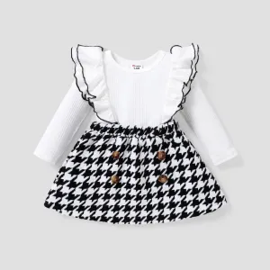 2pcs Baby Girl Rib Knit Layered Ruffle Trim Long-sleeve Top and Double Breasted Houndstooth Skirt Set #215306